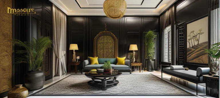 (( masterpiece)) (( ultral realistic)) (( sharp forcus)) (( high detail)) livingroom in indochina style,china , vietnam, black wooden furniture, wallpaper, patent,glossy, ceramic tiles floor,