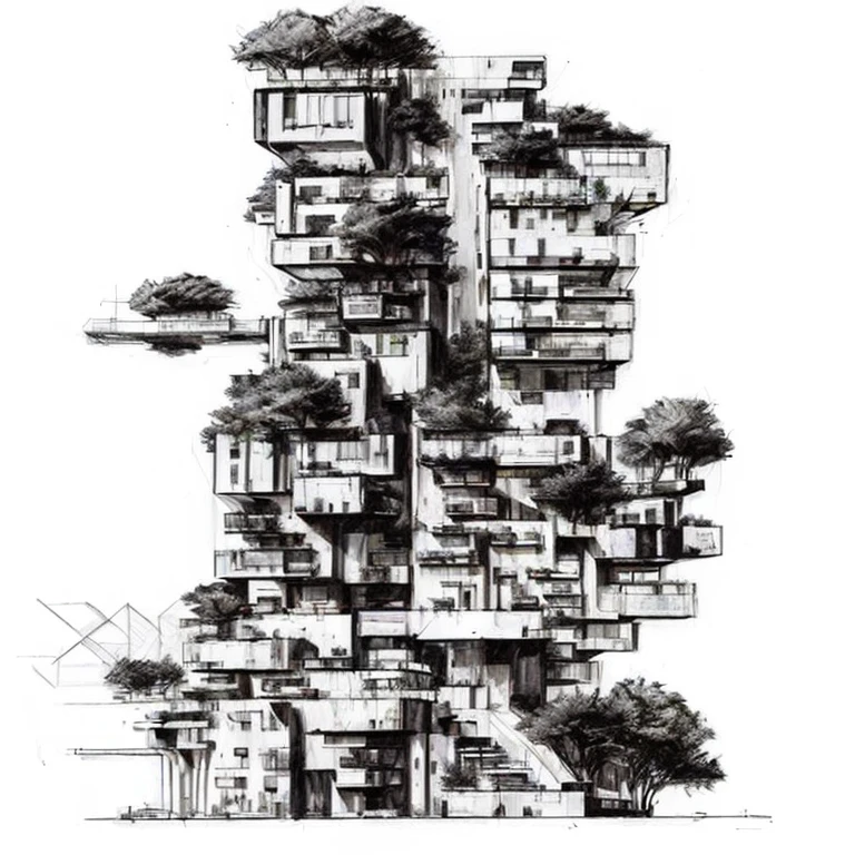 Black and white drawing of a high rise building with many balconies, Skyscraper forest community, architectural drawing, architectural drawing, Tree architecture, Architectural Illustration, extremely coherent. High detail, by João Artur da Silva, Habitat 6 7, Habitat 67, vertical architecture, architectural drawing, ( ( Habitat 6 7 background ) )