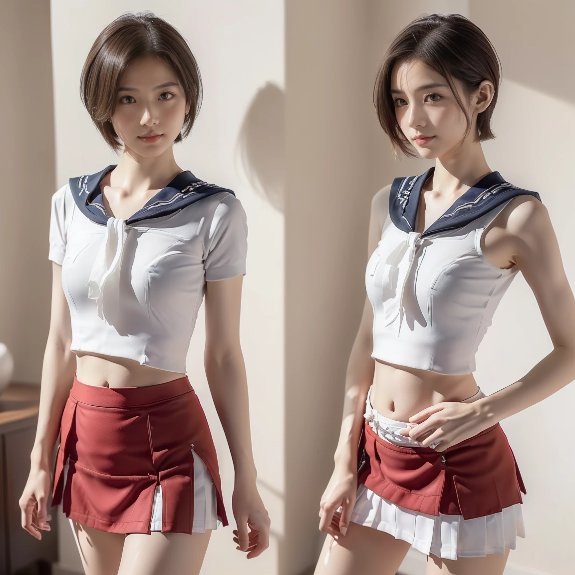((((8k))),((Extremely detailed CG)) ,(wallpaper),16k,((Very sophisticated and beautiful))，(((masterpiece))),(((highest quality))),(((超High resolution))),Beautiful lighting,Perfect Lightning,Realistic shadows,[High resolution],(Smooth and perfect white skin:1.5),(Pale skin:1.3),Extremely detailed facial details,(Perfect body:1.1),Super detailed,Beautiful woman,alone,Small Head,ponytail、(Short Hair:1.5),Small face,Exquisite makeup,(Medium chest,Small waist:1.1),slim,thin,Happy,(smile:1.0),(Thin legs:1.1),(whole body:1.1),(Gaunt:1.1 ), (Skinny:1.1),(Tight sailor suit,Close-fitting clothing,skindentation,belly button:1.4),((Plate skirt,Red short skirt:1.4))((Fleet Collection,Kantai Collection,Yao:1.2))