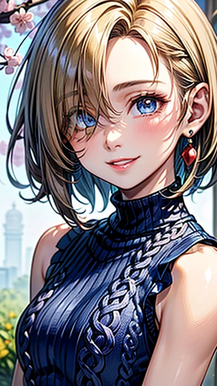 (((UHD)), ((highest quality)), ((masterpiece)), (Very detailed), (High resolution), (Beautiful detailed sparkle), (High detail), (Anatomically correct)), ((Realistic)), ((The best CG)), Ultra-detailed art, CG illustration, 16k, 1080P, Oil paints:1.2,
(((One Woman))),
(Symmetrical facial features:1.4, Perfect Face), Beautiful clavicle, (Beautiful fingers), (Beautiful breasts, ((Small breasts))),
Beautiful body, Beautiful thighs, Beautiful feet, Perfect round butt, (((Detailed skin, Oily skin, Textured skin, Beautiful white skin:1.4))),
(((Baby Face, cute, 、low length、Primary school students))),
(Slanted Eyes, Expression of fine eyes, Beautiful and delicate eyes, Sparkling eyes, Eye Reflexes, Dark blue eyes),
(Beautiful Nose,Thin Nose),
(Smaller mouth, Glossy Lips, Beautiful Lips, thick lips),
(Beautiful Hair, Shiny Hair, Shiny Hair), Hair fluttering, (Blonde:1.4, Hair that hides one eye、Pixie Cut:1.4, Shortcuts:1.4),
((Blue sleeveless high neck sweater dress:1.4)、Black Pantyhose:1.4、High heels)、 Earrings、
BREAK
(laughing、smile),
BREAK
(noon、(Cherry blossom trees:1.4、Sunlit park)), ((face close-up))