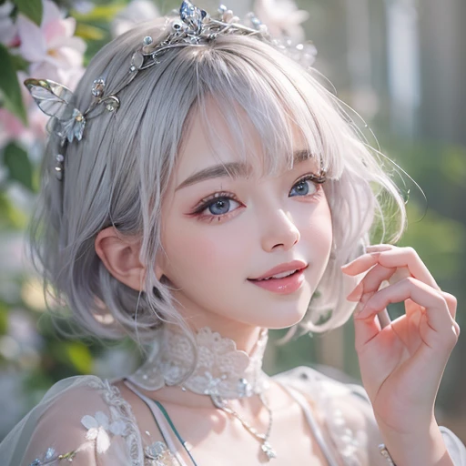 (masterpiece:1.3), (8k, Realistic, RAW Photos, Best image quality: 1.4), Fair-skinned fairy woman、short hair、Cleavage:2.0、Highly detailed face、Attention to detail、double eyelid、Sharp focus:1.2、Beautiful woman:1.4、Silvery white hair、highest quality、masterpiece、Ultra-high resolution、(Realistic:1.4)、Highly detailed and professionally lit smiles、Loose, Light,Japanese high 、 one person、whole body,　I eat breakfast 