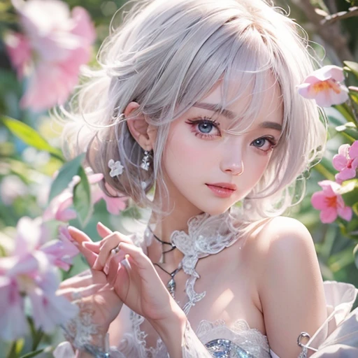 (masterpiece:1.3), (8k, Realistic, RAW Photos, Best image quality: 1.4), Fair-skinned fairy woman、short hair、Cleavage:2.0、Highly detailed face、Attention to detail、double eyelid、Sharp focus:1.2、Beautiful woman:1.4、Silvery white hair、highest quality、masterpiece、Ultra-high resolution、(Realistic:1.4)、Highly detailed and professionally lit smiles、Loose, Light,Japanese high 、 one person、whole body, I eat breakfast