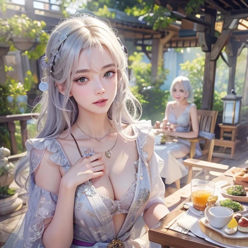 (masterpiece:1.3), (8k, Realistic, RAW Photos, Best image quality: 1.4), Fair-skinned fairy woman、short hair、Cleavage:2.0、Highly detailed face、Attention to detail、double eyelid、Sharp focus:1.2、Beautiful woman:1.4、Silvery white hair、highest quality、masterpiece、Ultra-high resolution、(Realistic:1.4)、Highly detailed and professionally lit smiles、Loose, Light,Japanese high 、 one person、whole body,　I eat breakfast 