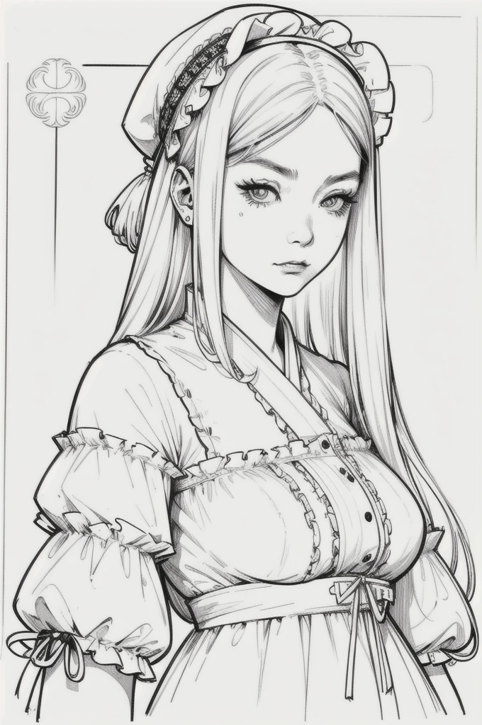 Drawing of a mature woman, realistic portrait, goth asian girl, white long hair, lolita white dress, white head beannie, mad face, horror look. Best lineart, clean flat lineart, Black and white monochrome, thin pen lines. No colors or shading. Flat white background