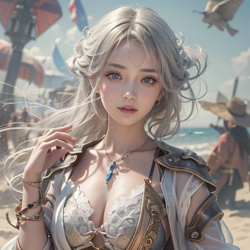 (masterpiece:1.3), (8k, Realistic, RAW Photos, Best image quality: 1.4), Fair-skinned fairy woman、Long Hair、Cleavage:2.0、Highly detailed face、Attention to detail、double eyelid、Chest to chest、Sharp focus:1.2、Beautiful woman:1.4、Silvery white hair、highest quality、masterpiece、超A high resolution、(Realistic:1.4)、Highly detailed and professionally lit smiles、Loose, Light, steampunk、Shoulders out、thin、Serious expression、Short-haired、Deadly position, one person、whole body,Walking on the beach、Gorgeous Necklace、