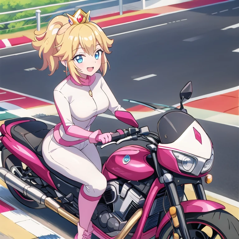 moterbike motorcycle riding , 1girl, princess_peach_mariokart_outfit, white and pink motorcycle suit, short blonde hair, bright blue eyes, wide hips, thrilled smile, closed mouth, excited expression on face, "Volumetric Lighting, Best Shadows, Shallow Depth of Field, (Highest Quality, Amazing Details:1.25), Brilliant Colorful Paintings", road action shot race outdoors zy48 ground_vehicle, motor_vehicle, motorcycle, road, shadow, traditional_media, vehicle_focus tires driveing 1girl, driving, ground_vehicle, motion_blur, motor_vehicle, motorcycle, riding, road, vehicle_focus
