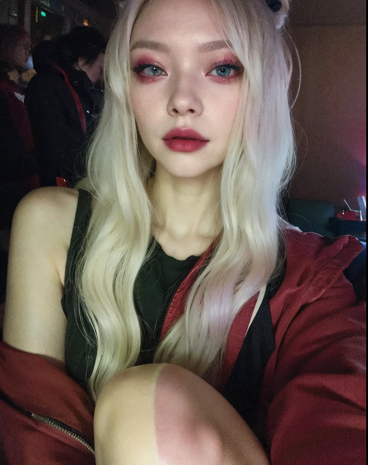 Blonde woman with white hair wearing a red jacket posing for a photo, Brutal Korean Goth Girl, ((Red)) Loose eyes, with long white hair, Best Face, with long white hair, com olhos Reds brilhantes, Get inspired by Yanjun Cheng, Linda Delphine, red contact lenses, Lee Jeong-seok&#39;s inspiration, pale goth beauty, com olhos Reds brilhantes