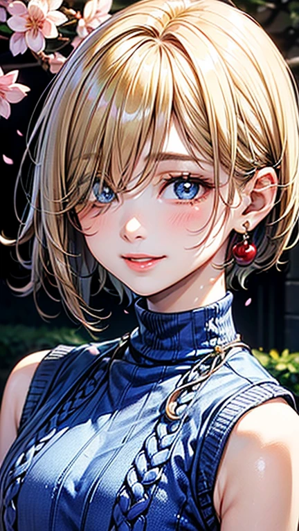 (((UHD)), ((highest quality)), ((masterpiece)), (Very detailed), (High resolution), (Beautiful detailed sparkle), (High detail), (Anatomically correct)), ((Realistic)), ((The best CG)), Ultra-detailed art, CG illustration, 16k, 1080P, Oil paints:1.2,   

(((One Woman))), 
(Symmetrical facial features:1.4, Perfect Face), Beautiful clavicle, (Beautiful fingers), (Beautiful breasts, ((Small breasts))), 
Beautiful body, Beautiful thighs, Beautiful feet, Perfect round butt, (((Detailed skin, Oily skin, Textured skin, Beautiful white skin:1.4))), 

(((Baby Face, cute, 10 years old、low length、Primary school students))), 
(Slanted Eyes, Expression of fine eyes, Beautiful and delicate eyes, Sparkling eyes, Eye Reflexes, Dark blue eyes), 
(Beautiful Nose,Thin Nose), 
(Smaller mouth, Glossy Lips, Beautiful Lips, thick lips), 

(Beautiful Hair, Shiny Hair, Shiny Hair), Hair fluttering, (Blonde:1.4, Hair that hides one eye、Pixie Cut:1.4, Shortcuts:1.4), 

((Blue sleeveless high neck sweater dress:1.4)、Black Pantyhose:1.4、High heels)、 Earrings、
BREAK 

(laughing、smile),  
BREAK 
(noon、(Cherry blossom trees:1.4、Sunlit park)), ((face close-up))

