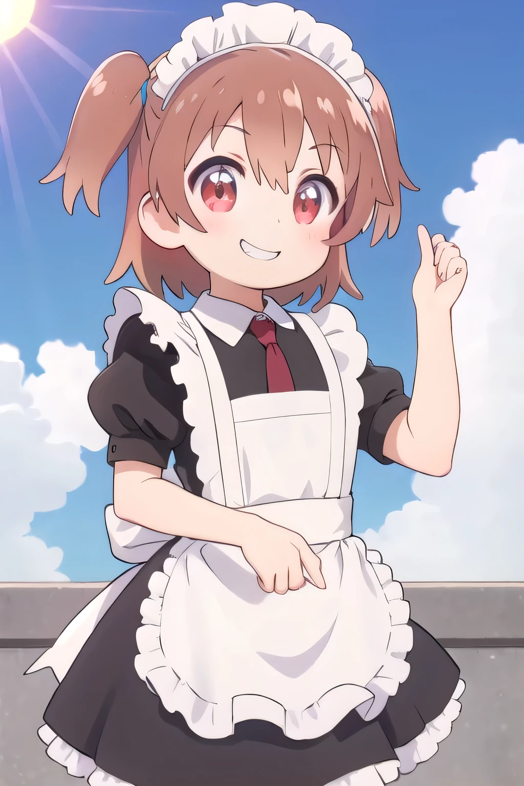 One girl, Naked, smile, blush, One side up, tooth,
Maid,
Outdoor, null, sun, cloud
