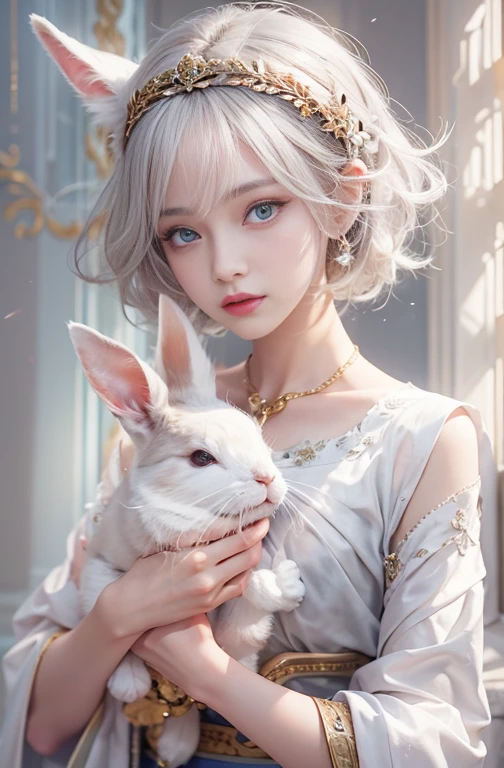 18-year-old, Close up portrait of woman in Ancient Greek clothing 、Shoulders out、thin、Serious expression、Short-haired、Deadly position, Gorgeous Necklace, Light milky porcelain skin, Smooth, Translucent white skin, Enchanting anime girl, Beautiful and seductive anime woman, Ultra realistic sweet bunny girl, Pale porcelain white skin, Smooth, Realistic and perfect body, Anime Girl Cosplay, Perfect body with realistic shadows, Switzerland'masterpiece, Hugging a cute white rabbit