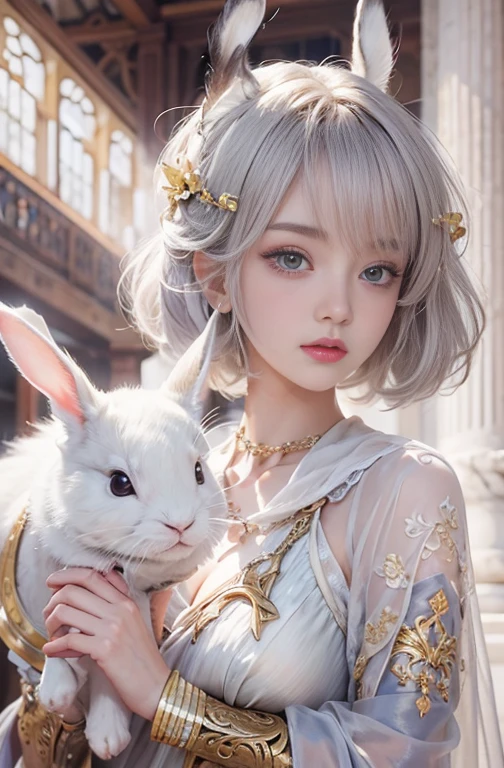 18-year-old, Close up portrait of woman in Ancient Greek clothing 、Shoulders out、thin、Serious expression、Short-haired、Deadly position, Gorgeous Necklace, Light milky porcelain skin, Smooth, Translucent white skin, Enchanting anime girl, Beautiful and seductive anime woman, Ultra realistic sweet bunny girl, Pale porcelain white skin, Smooth, Realistic and perfect body, Anime Girl Cosplay, Perfect body with realistic shadows, Switzerland&#39;masterpiece, Hugging a cute white rabbit 