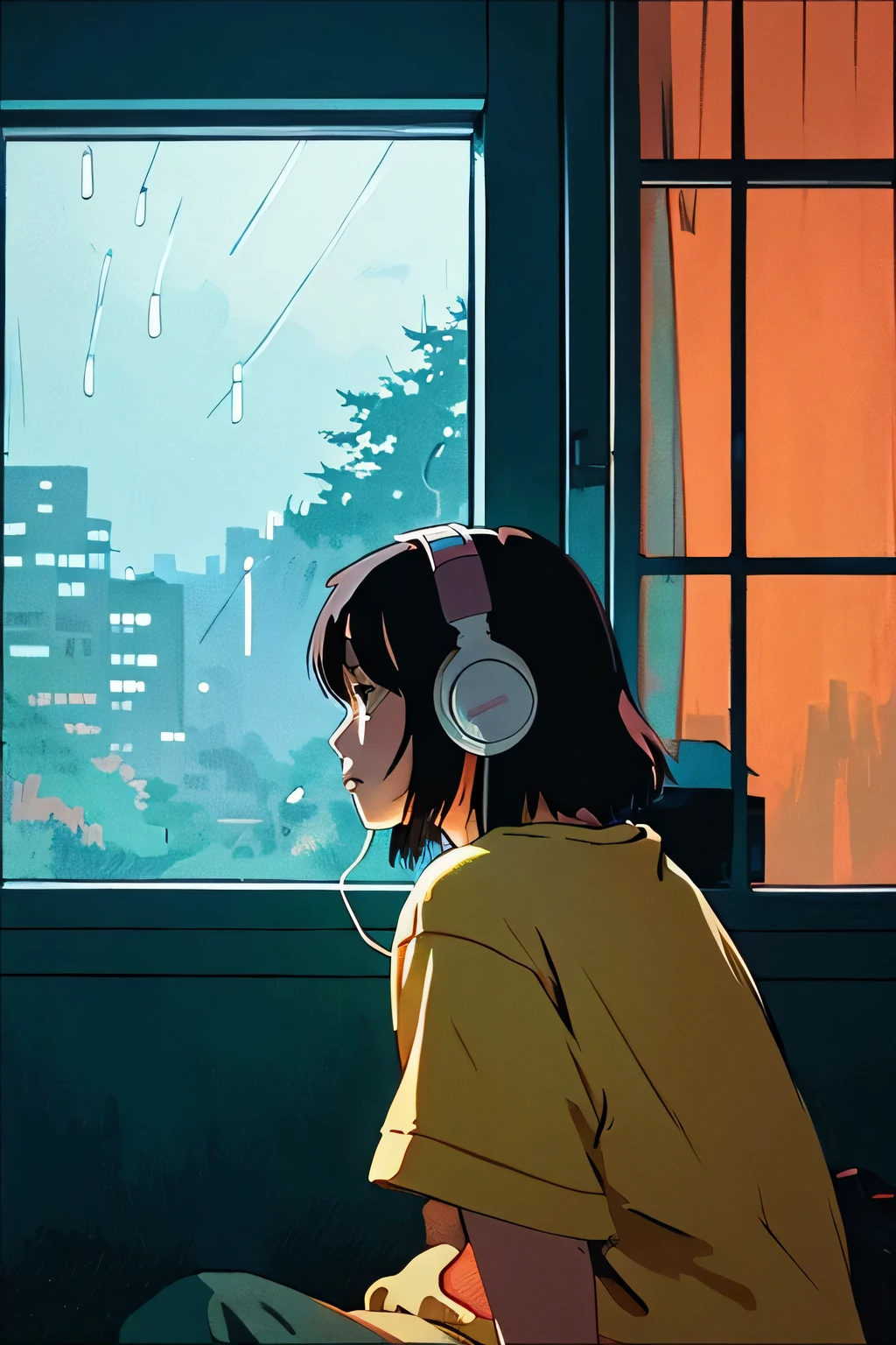 night、Girl listening to music in a cozy room, Use headphones, 2D Style Anime,  Rain outside the window、Analog Color Theme、Ghibli style、neon