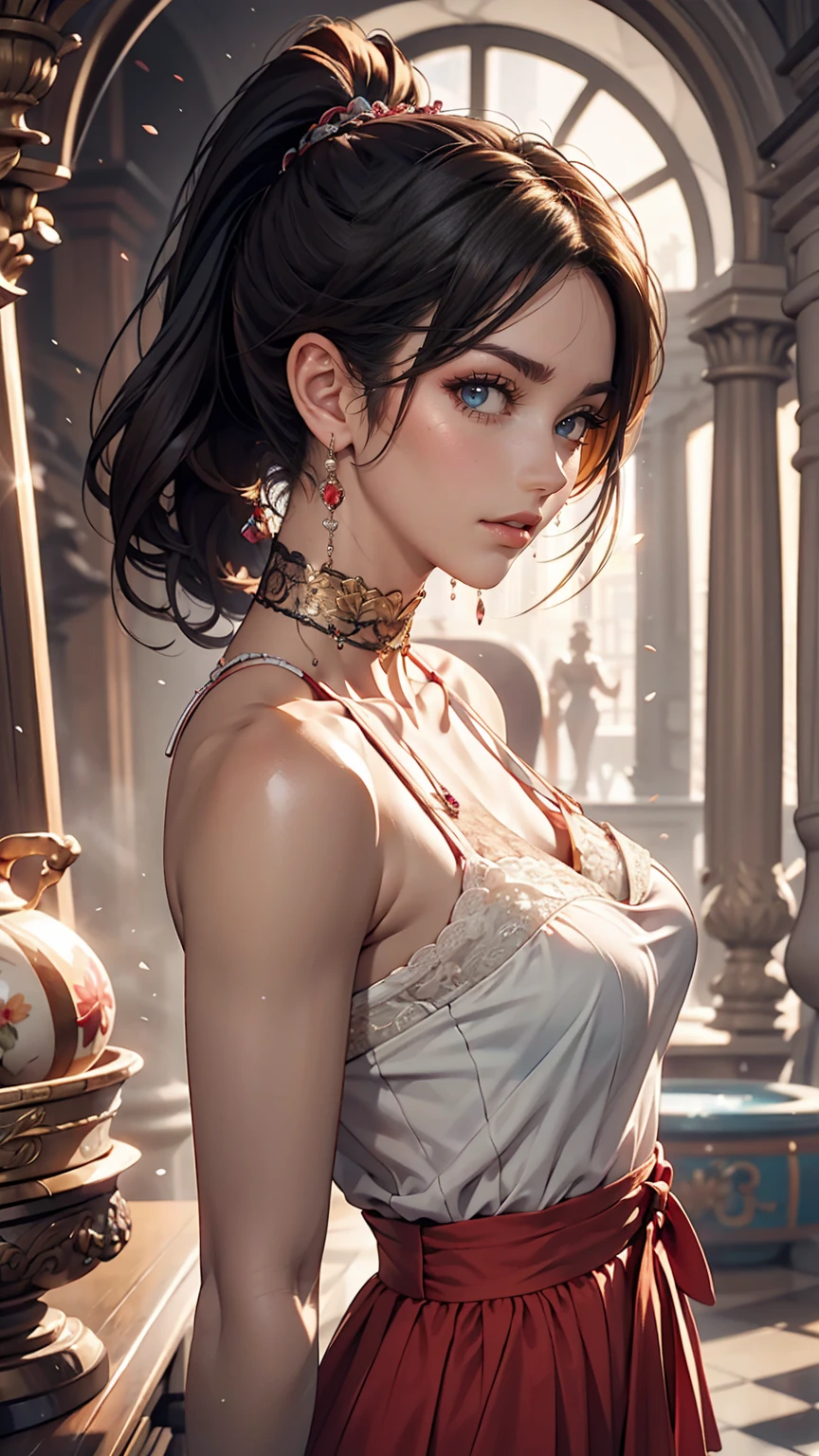 One girl, alone, Promotional Art, By Mika Picazo, masterpiece, Exposing shoulders, ponytail, View Viewer 、Wear a lace choker