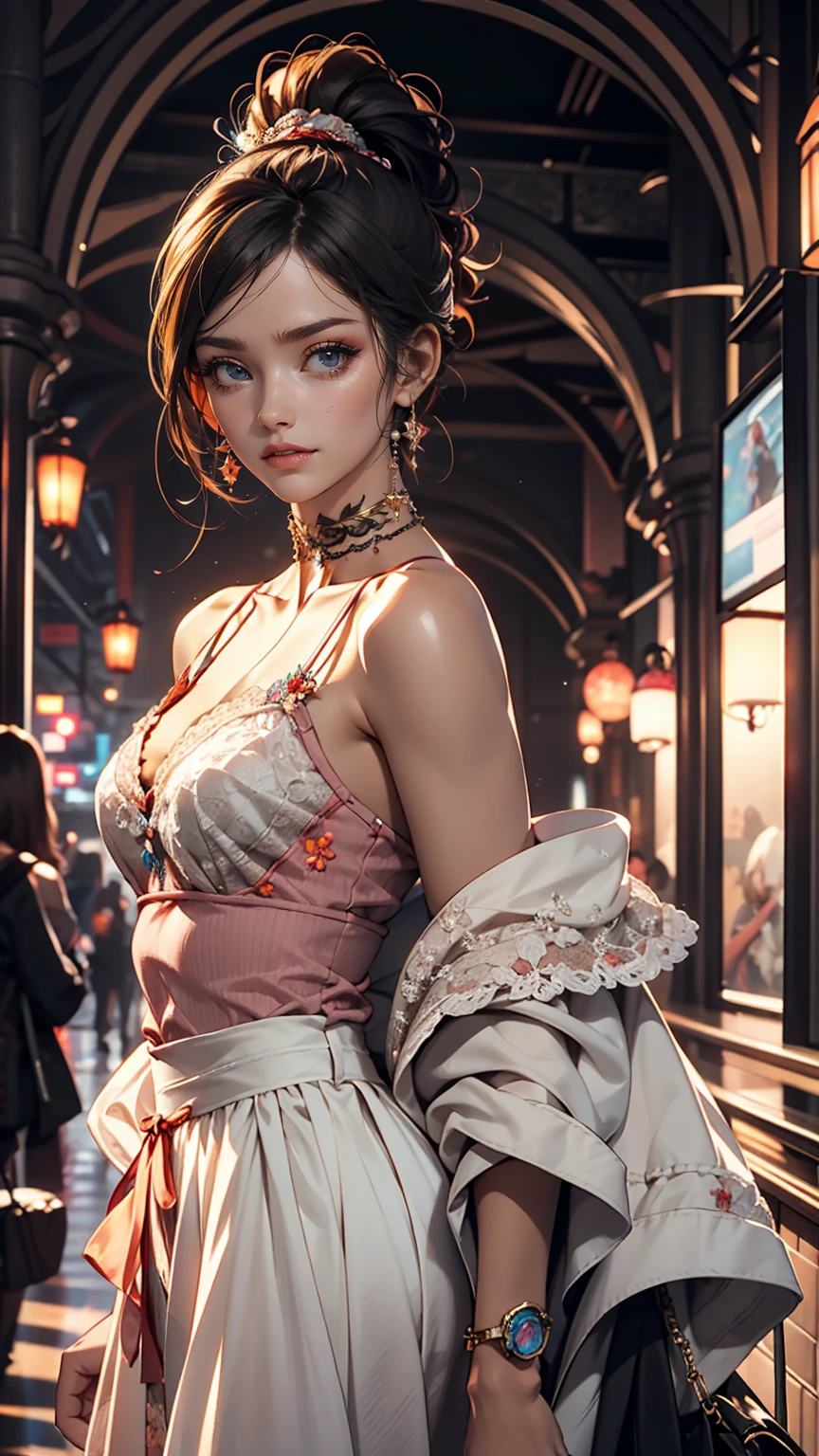 One girl, alone, Promotional Art, By Mika Picazo, masterpiece, Exposing shoulders, ponytail, View Viewer 、Wear a lace choker