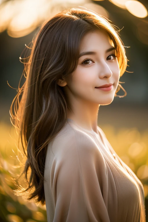 Realistic portrait, female subject, gazing directly into the camera, cascading chestnut hair, subtle smile, butterfly, flowers, ambient backlighting highlighting her silhouette, soft bokeh background in muted tones, high resolution, ultra realistic, golden hour light highlights, cinematic.
