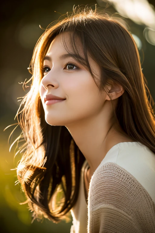 Realistic portrait, female subject, gazing directly into the camera, cascading chestnut hair, subtle smile, butterfly, flowers, ambient backlighting highlighting her silhouette, soft bokeh background in muted tones, high resolution, ultra realistic, golden hour light highlights, cinematic.