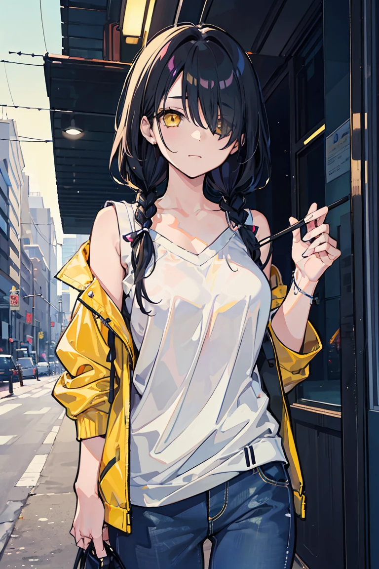 (1 girl), (((Hair on one eye))), Cowboy Shot, Yellow Jacket, Denim pants,(super high quality), masterpiece, cute, Casual Scene, Relaxed atmosphere, She is wearing fashionable clothes, beautiful表情 , Warm sunshine, Street atmosphere, urban environment. Perfect body,Fresh, (Asymmetrical bangs:1.3), Braided hair, Highly detailed face and eyes, (Black Hair, Deep gradation yellow eyes:1.2),(Shining highlight eye), Digital Art, beautiful, Cinema Lighting, by Yusuke Murata.tonality, Romanticism, modern art, Impressionism, reflected light, 8k, masterpiece, Advanced Details, highest quality