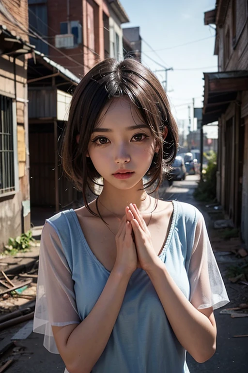 Praying girl with warming figures, Abandoned City, Double Exposure