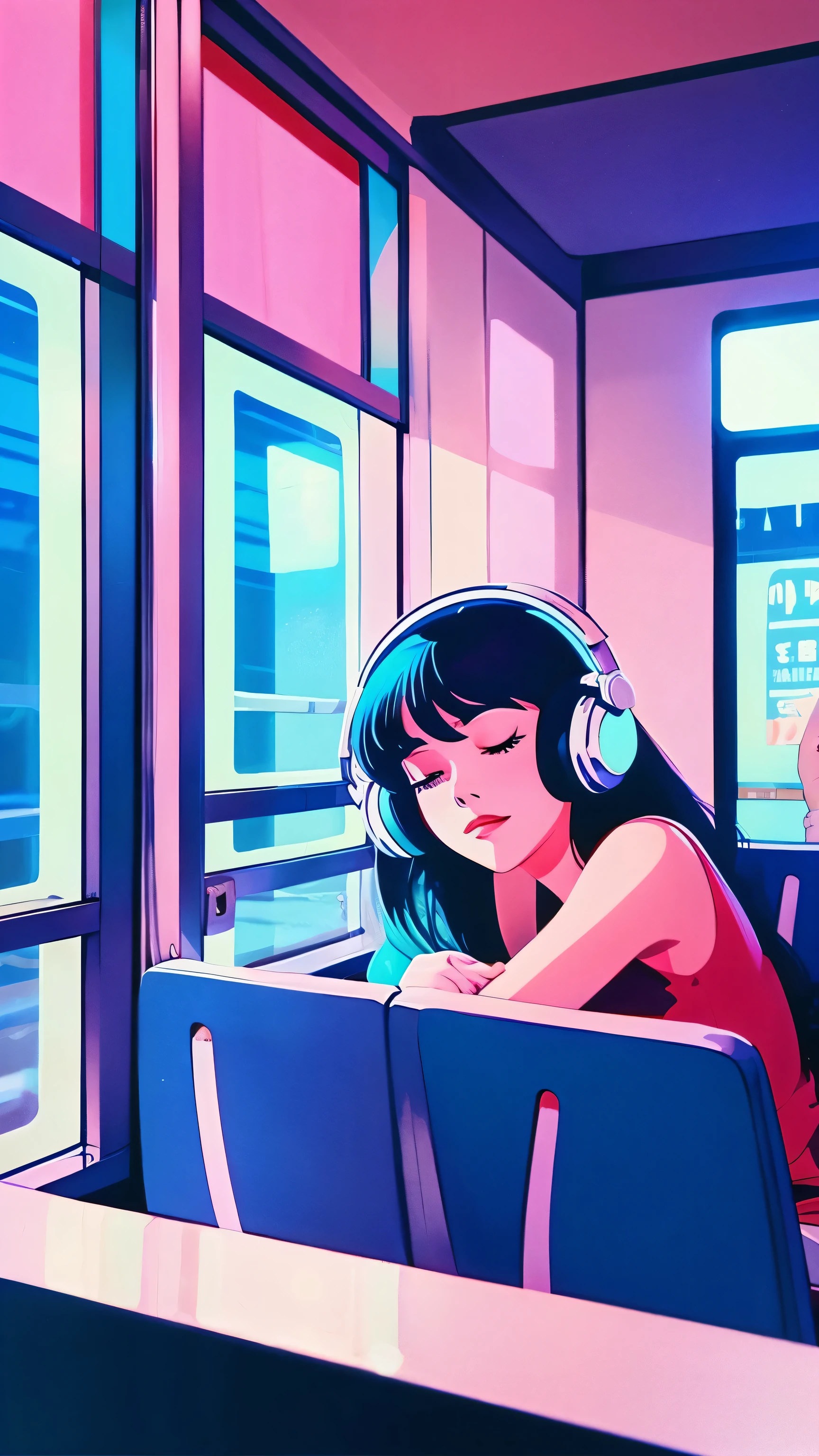 1980s city pop culture style anime、woman、look out the window、headphones