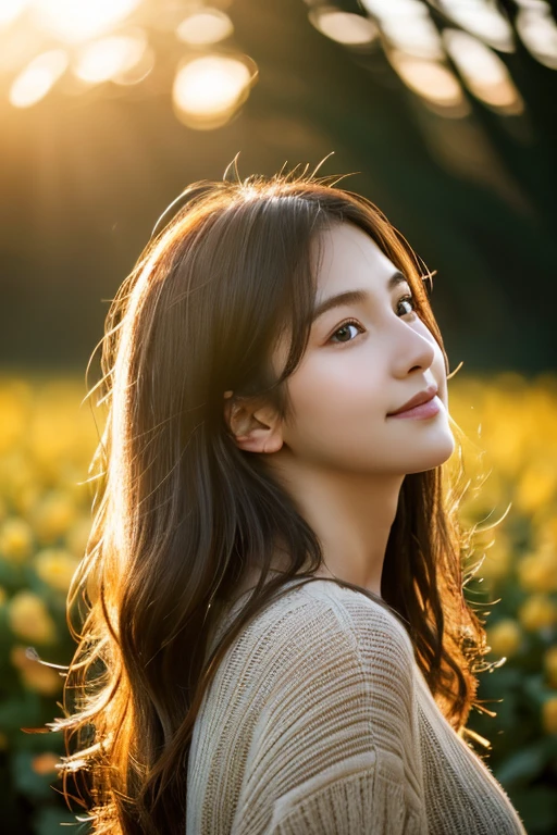 Realistic portrait, female subject, gazing directly into the camera, cascading chestnut hair, subtle smile, butterfly, flowers, ambient backlighting highlighting her silhouette, soft bokeh background in muted tones, high resolution, ultra realistic, golden hour light highlights, cinematic.