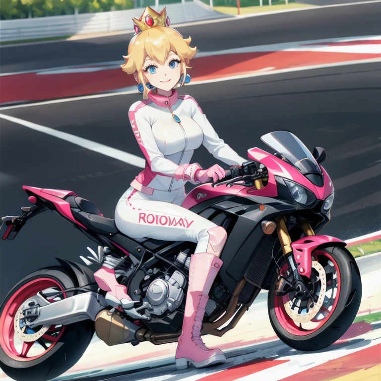 moterbike motorcycle riding , 1girl, princess_peach_mariokart_outfit, white and pink motorcycle suit, short blonde hair, bright blue eyes, wide hips, thrilled smile, closed mouth, excited expression on face, "Volumetric Lighting, Best Shadows, Shallow Depth of Field, (Highest Quality, Amazing Details:1.25), Brilliant Colorful Paintings", road action shot race outdoors zy48 ground_vehicle, motor_vehicle, motorcycle, road, shadow, traditional_media, vehicle_focus tires driveing 1girl, driving, ground_vehicle, motion_blur, motor_vehicle, motorcycle, riding, road, vehicle_focus
