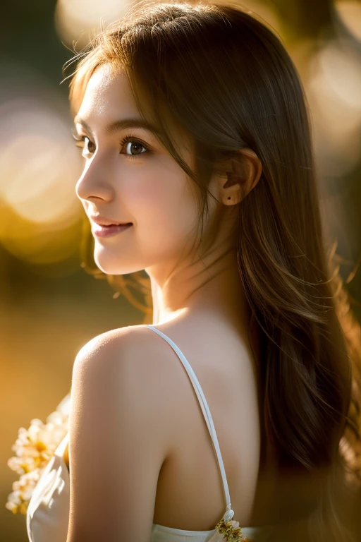 Realistic portrait, female subject, gazing directly into the camera, cascading chestnut hair, subtle smile, butterfly, flowers, ambient backlighting highlighting her silhouette, soft bokeh background in muted tones, high resolution, ultra realistic, golden hour light highlights, cinematic.
