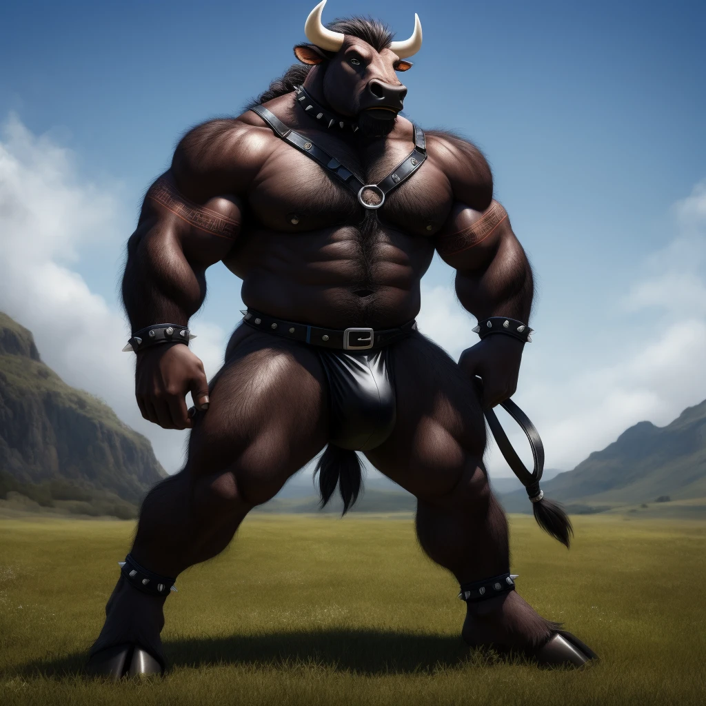 Furry, Antro, anthropomorphic, Solo, Bull, Bovine, White horns, loong bovine tail, (furry Brown Dark), tribal tattoo arm, (Male Bulge), nose ring, Conk, narigon, Aro en Nariz, piercing noise, Big Balls, Big Ass, Wearing a Black Leather Harness, Black bicep leather bracelet, Leather Buckle Armband, black leather warrior skirt, thread thong, Black Belt, Spiked Collar, Spiked Wristbands, (Leather Bicep Arm Strap), man pendant, Spiked Anklet, Hooves, Hairy, Full Body, Braided Mane, Hairy Torso, Seen Standing, Upright Standing Pose, Blue Pupil Eyes, High Resolution, 4K Detailed, Good Lighting, Beautiful, Blue Sky Background with Green Grass Meadow, black hair, photorealistic