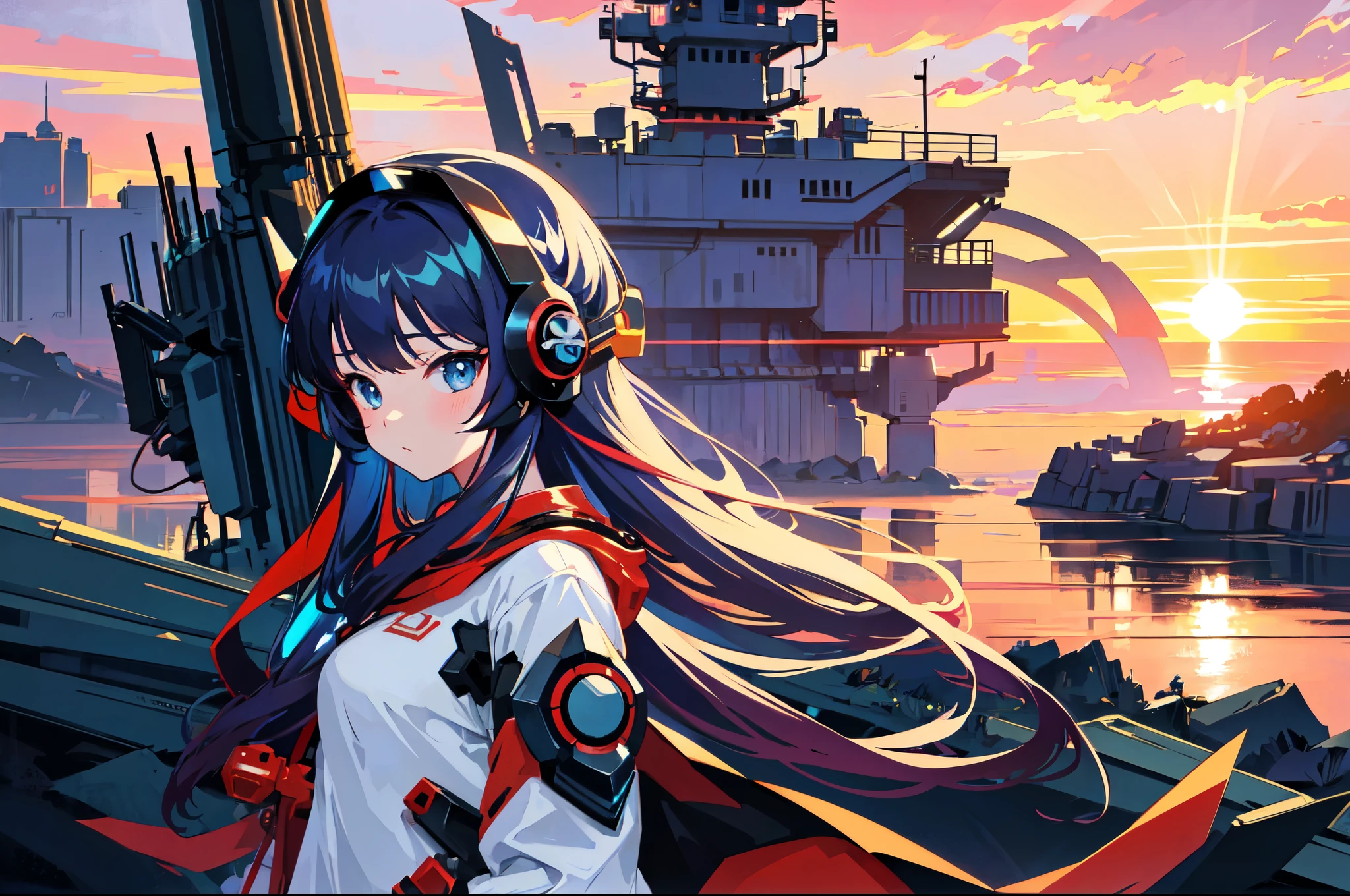 anime girl, cyber ronin, mecha, long hair, cool, sea of clouds, sunset, absurdly detailed, 8k, beautiful, high quality, wallpaper,