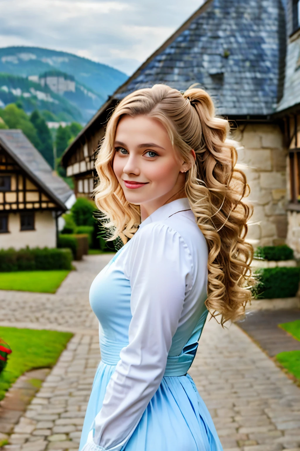 a beauty girl ,wearing gorgeous 16th century dress, German style buildings, landscape