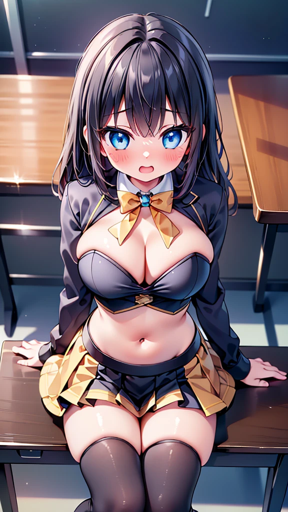 (cute eyes:1.2), (sparkling eyes:1.2), (8K、Best image quality、highest quality、masterpiece)、Detailed face、(2 girls)、Improve、(open mouth), (embarrassed), (glamourous:1.1), (), (crop top navel), Sit on a chair, Classroom Background, (black stockings:1.1), (Thighs:1.1), (Waistline:1.1),(close-up shot of bust), (from above:1.2)