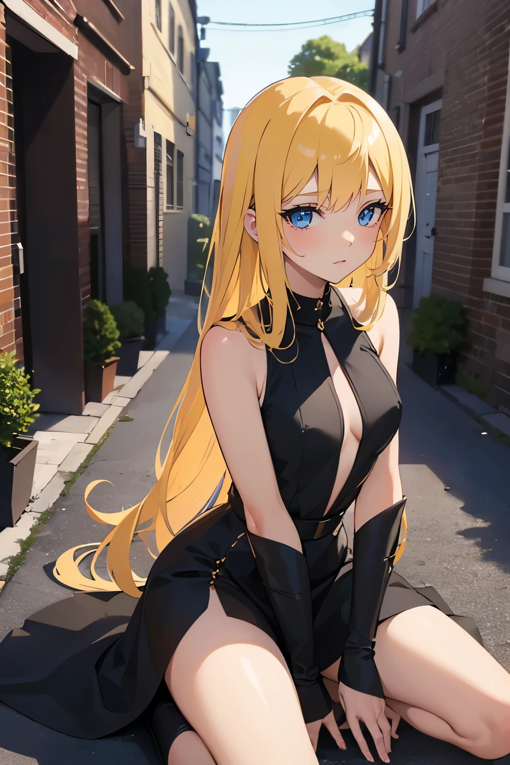 Safe for work, masterpiece, best quality, solo, 1 girl, facing forward, looking at camera,cowboyshot (young female body:1.4), ( medium small breasts), golden yellow hair, extra long hair, blunt bangs, crystal blue eyes, very detailed eyes, alleyway background, brickwalls, night time, erotic, kneeling, shoulder strap black dress, sleeveless dress, plunge neckline, d black long dress, sexy girl, flushed cheeks, red heels, spreading legs, facing forwards, facing the camera, sitting with knees on the ground, spreading her legs wide, legs wide open, hands on touching the ground, spreading legs with hands