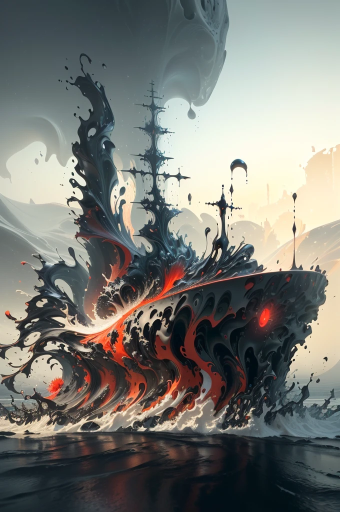 There is a very large red object in the middle of a dark background, 3 d Fluid simulation render, chaotic swirling ferrofluids, rendered in houdini, houdini Fluid simulation, Epic 3D Abstract Model, Fluid simulation in houdini, Fluid simulation, rendered in maya and houdini, rendered, black Fluid simulation, intricate artwork. Octane render