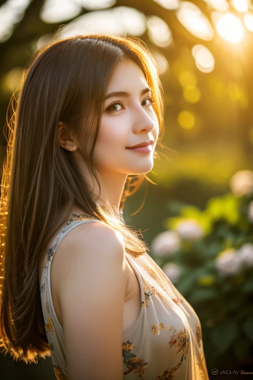 Realistic portrait, female subject, gazing directly into the camera, cascading chestnut hair, subtle smile, butterfly, flowers, ambient backlighting highlighting her silhouette, soft bokeh background in muted tones, high resolution, ultra realistic, golden hour light highlights, cinematic.