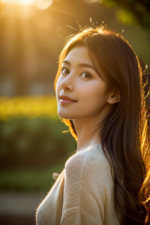 Realistic portrait, female subject, gazing directly into the camera, cascading chestnut hair, subtle smile, butterfly, flowers, ambient backlighting highlighting her silhouette, soft bokeh background in muted tones, high resolution, ultra realistic, golden hour light highlights, cinematic.
