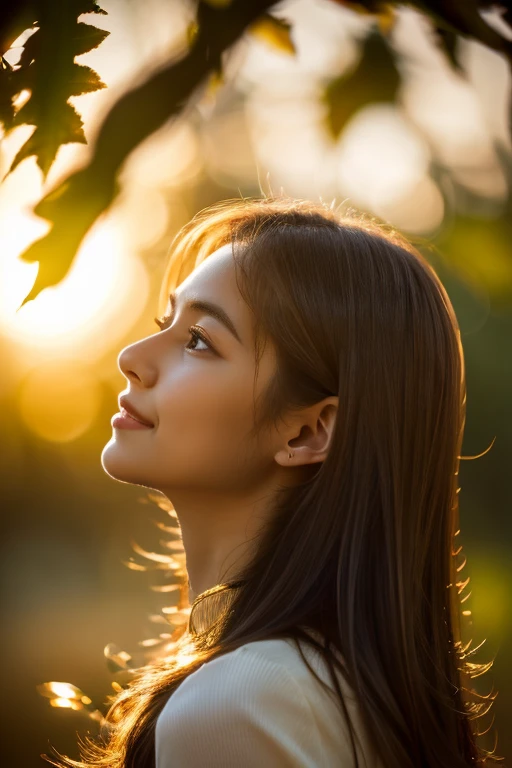 Realistic portrait, female subject, gazing directly into the camera, cascading chestnut hair, subtle smile, butterfly, flowers, ambient backlighting highlighting her silhouette, soft bokeh background in muted tones, high resolution, ultra realistic, golden hour light highlights, cinematic.
