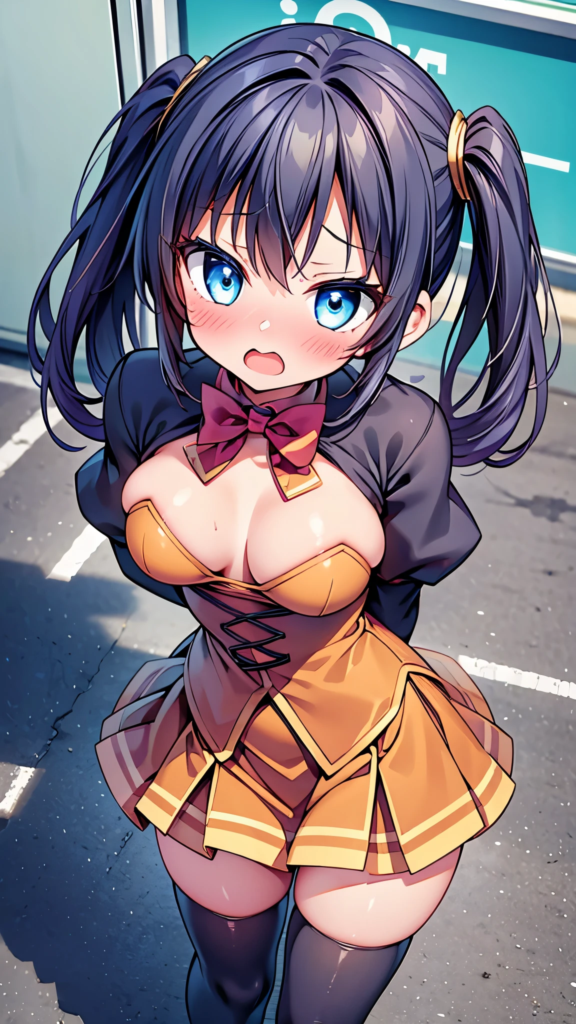 (cute eyes), (1 girl), (open mouth), (embarrassed), (medium breasts),(zettai ryouiki:1.2), (from above:1.2)