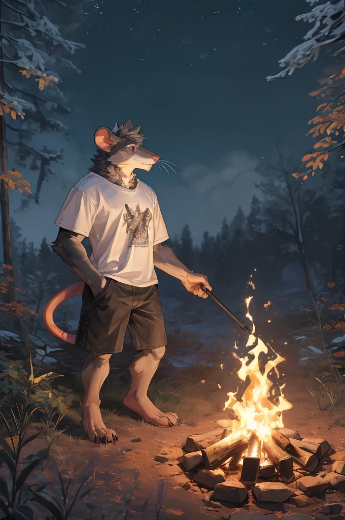 handsome male, rat, tall slinky semi muscular build, white long messy fringe, ((best quality)), ((masterpiece)), (detailed), perfect face, silver fur, gold eyes, detailed eyes , large baggy white t-shirt, mysterious, black shorts, , forest, campfire, night,