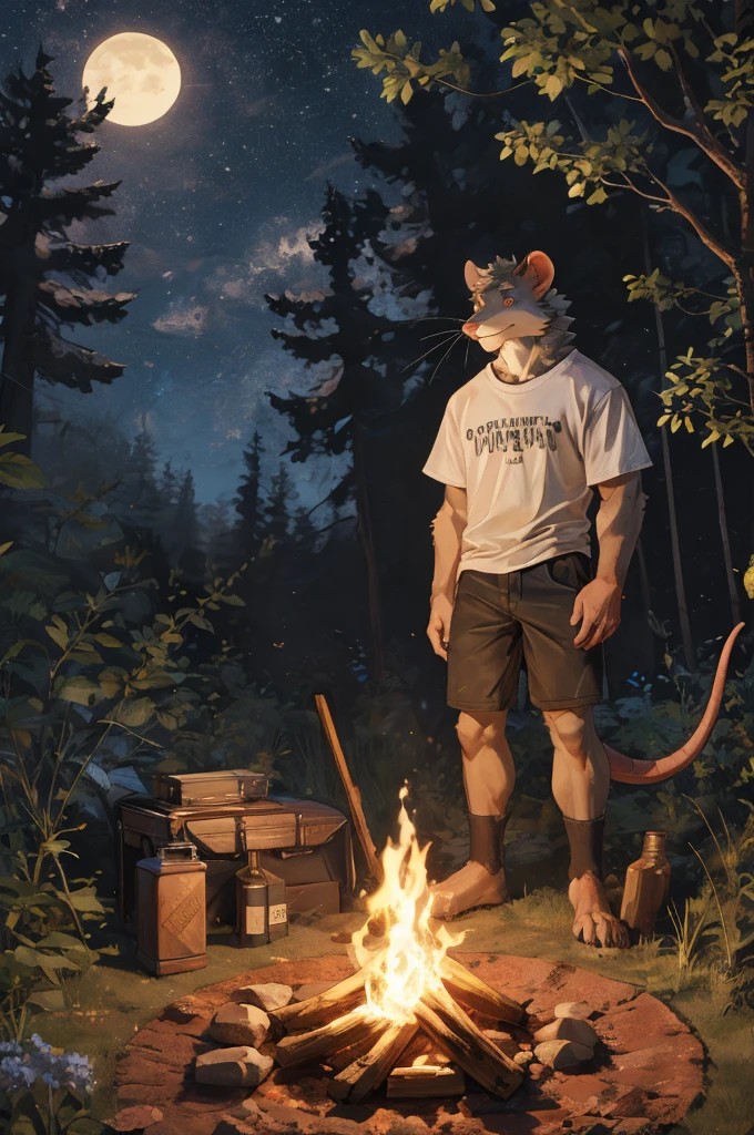 handsome male, rat, tall slinky semi muscular build, white long messy fringe, ((best quality)), ((masterpiece)), (detailed), perfect face, silver fur, gold eyes, detailed eyes , large baggy white t-shirt, mysterious, black shorts, , forest, campfire, night,