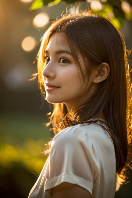 Realistic portrait, female subject, gazing directly into the camera, cascading chestnut hair, subtle smile, butterfly, flowers, ambient backlighting highlighting her silhouette, soft bokeh background in muted tones, high resolution, ultra realistic, golden hour light highlights, cinematic.
