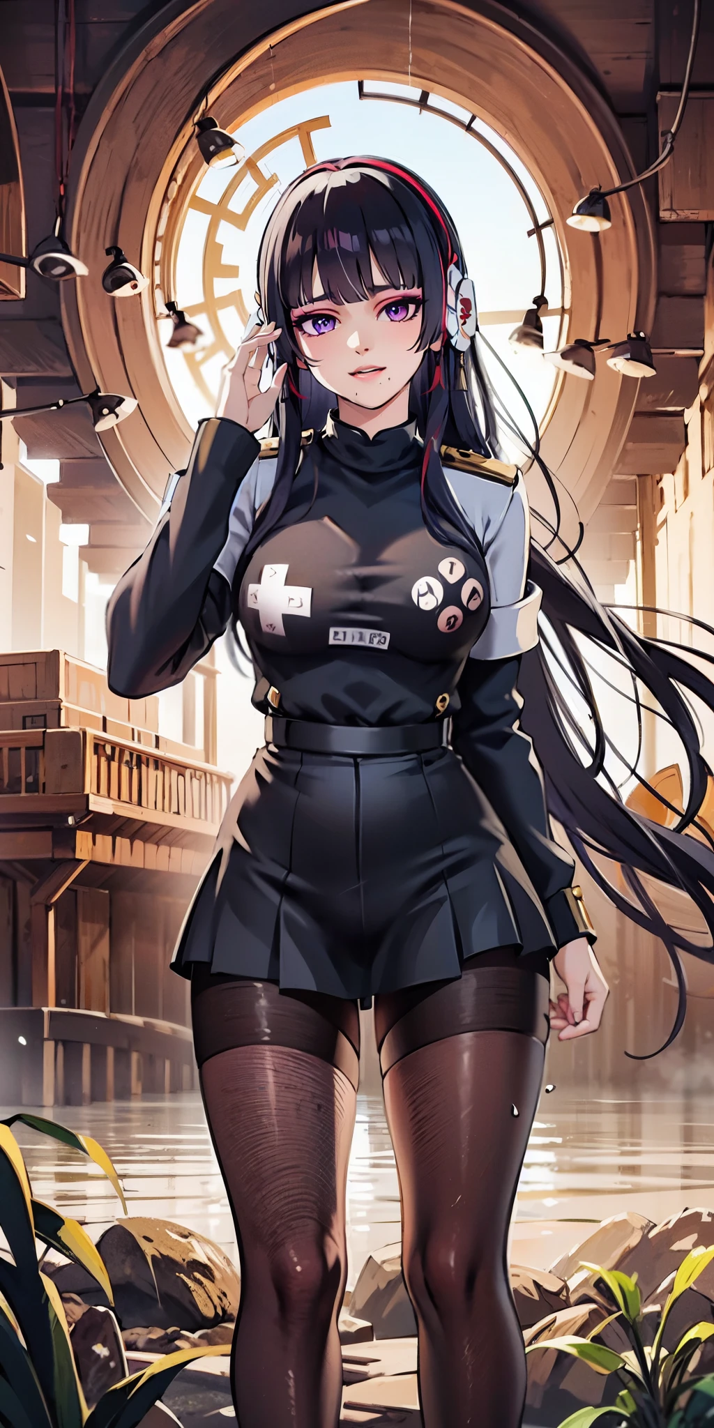 anatomically correct, best quality, masterpiece, high quality, high details, highres, HD, (shaded face:1.2), hollow eyes, red eyes, looking at viewer, heavy breathing, smirk, upper teeth, black hair, long hair, game controller print, black shirt, black sweater, sweating, wet, a drawing of a woman with headphones on, by Shitao, pixiv contest winner, digital art, white uniform, fully clothed. painting of sexy, anime girl with long hair, 4k high res