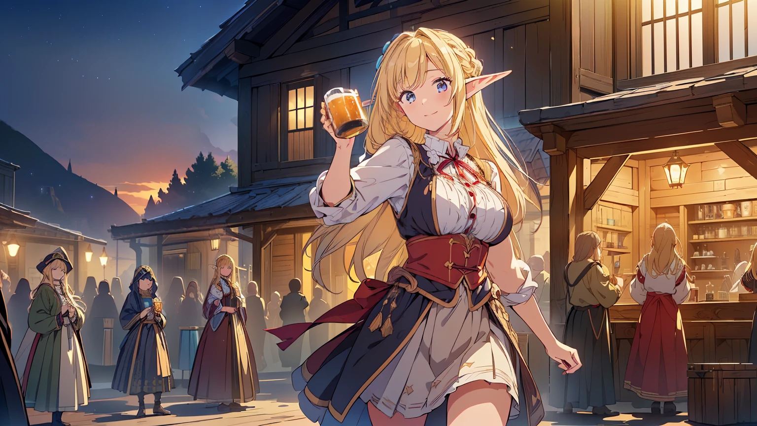 ((Top quality, 4k, 8k, high resolution, masterpiece: 1.2))), (super detailed), (realistic), (photorealistic), (photorealistic: 1.37), (HDR, UHD), (studio (lighting), ultra-fine drawing, sharp focus, physically based rendering, highly detailed, professional, vibrant colors, fantasy, medieval europe, tavern, old tavern in the countryside, (((outdoor))), festival, carnival, festival decoration, (((A large number of people standing up and dancing))), (((night))), (((dim))), medieval clothing, citizen's rags, girl clerk made of wood carrying beer mugs in both hands, long skirt, smile, seating, long hair, blonde, elf, pointed ears,