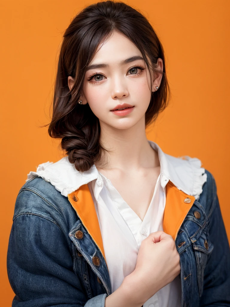 femboy, (masterpiece, highest quality, sfw:1.8), alone, realistic, realistic, light colored black eyes, black twin braids hair with highly detailed shiny hair, Winter clothes, Whity, lips, bangs, outdoor, closed mouth, Upper body、Big eyes、eyelash、((very simple orange background:1.8))、(((Black French Braid, Big eyes、big and full chest、avoiding eye contact 、beautiful beauty、show me your ears、long neck、low hairline、small forehead)))、ideal body proportions、{Huge|big|Huge|mega} chest, cleavage:2, Blushing, Shy smile, Embarrassed, Flushed cheeks, Timid expression, Coy look, Bashful, Sheepish grin

