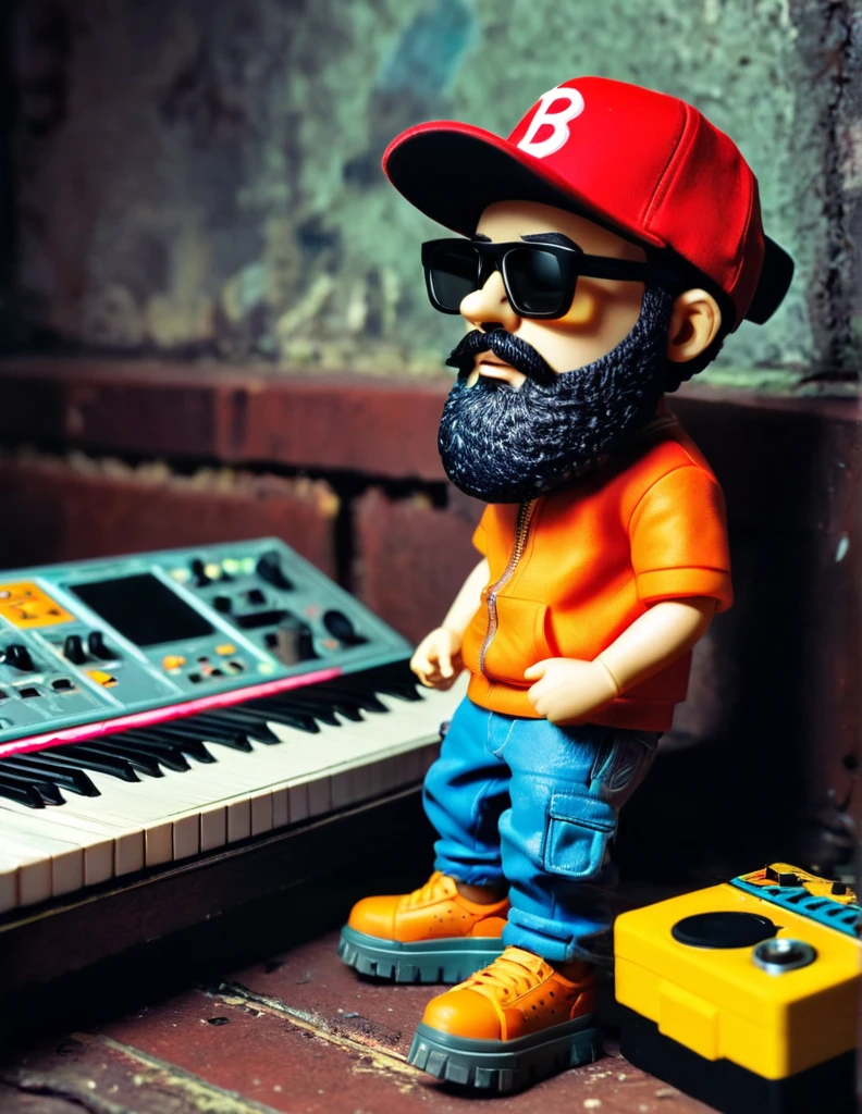 toy composition of a beatmaker who makes music, action figure of a BJBeats character, a beatmaker in a cap and a beard, hip-hop style, an old sampler in the hands of the beatmaker, cool character, underground style,