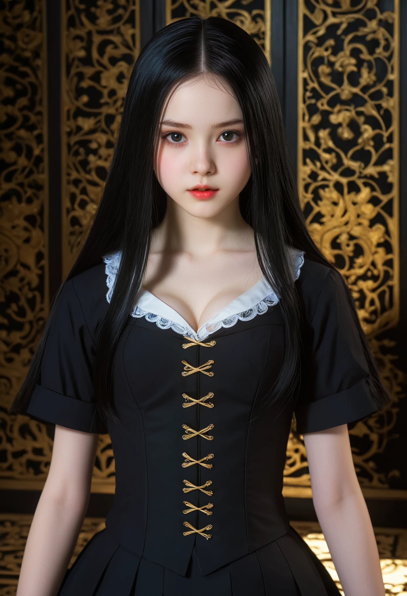 A girl around 13 years old,Pale skin,Very long hair, Black straight hair. big、Black eyes , With a strong and mysterious expression. Dressed in orphan clothing style, More elegant and refined, Something that matches her mysterious and strong personality. comprehensive, Her presence will attract attention, Attract curious and inquisitive eyes. flat chest, movie lighting, Chromatic Aberration, Backlight, masterpiece, High Detail, high quality, 4k.(breasts_grab,povhands,povbreastgrab)