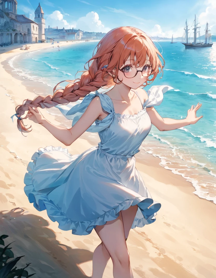 close up face, kawaii, renaissance, A girl with glasses, wearing a white sundress, walks through the seaside. Her braided hair sways in the wind, and her presence evokes both nostalgia and hope for the future. bare foot, dancing, smile, vivid colors, light and shadow, religious or mythological themes, cute, adorable, brightly colored, cheerful, anime influence, highly detailed,