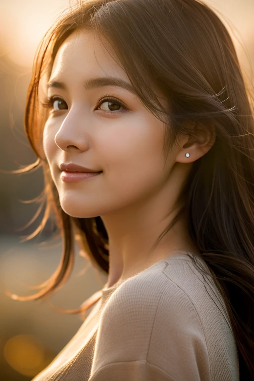Realistic portrait, female subject, gazing directly into the camera, cascading chestnut hair, subtle smile, butterfly, flowers, ambient backlighting highlighting her silhouette, soft bokeh background in muted tones, high resolution, ultra realistic, golden hour light highlights, cinematic.