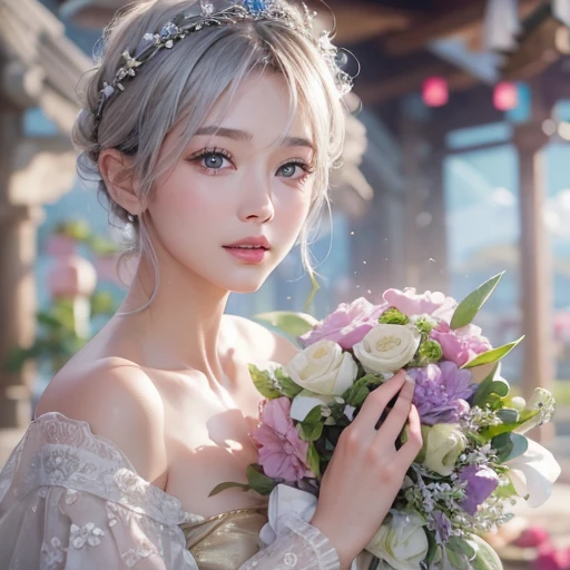 (masterpiece:1.3), (8k, Realistic, RAW Photos, Best image quality: 1.4), Fair-skinned fairy woman、short hair、Cleavage:2.0、Highly detailed face、Attention to detail、double eyelid、Sharp focus:1.2、Beautiful woman:1.4、Silvery white hair、highest quality、masterpiece、Ultra-high resolution、(Realistic:1.4)、Highly detailed and professionally lit smiles、Loose, Light,Japanese high 、 one person、whole body, I eat breakfast