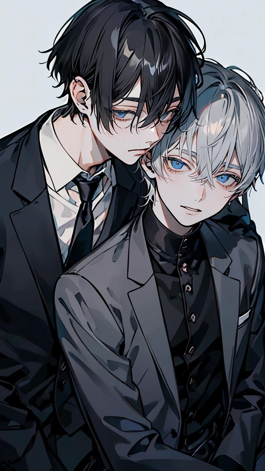 (Mastepiece), (Best Quality), Very detailed, ((Two men intimate:1.5)), Perfect Face, Beautiful Face, Very detailedな顔，(Black-haired man:1.3)，(Grey-haired man:1.3)、suit、(smile:1.2)