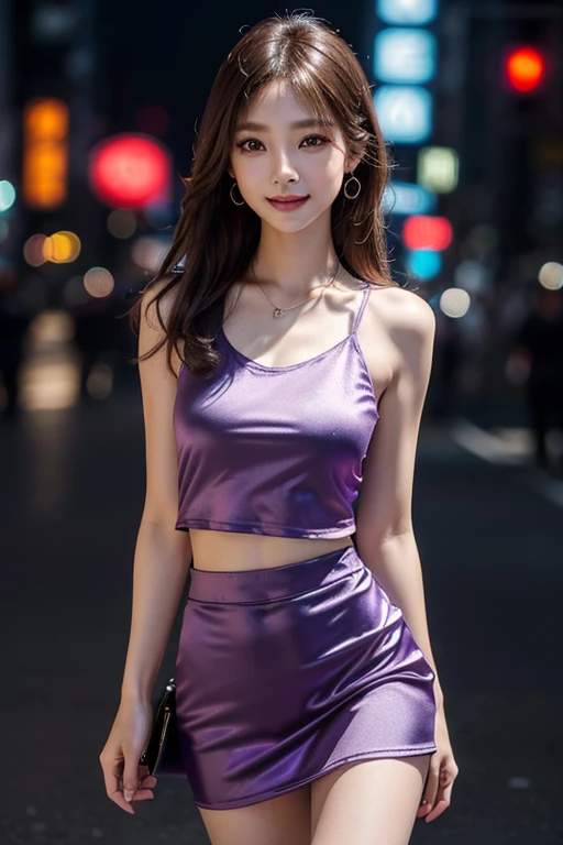 8k, masterpiece, RAW photo, best quality, photorealistic, extremely detailed CG unity 8k wallpaper, Depth of field, Cinematic Light, Lens Flare, Ray tracing, (extremely beautiful face, beautiful lips, beautiful eyes), intricate detail face, ((ultra detailed skin)) 1girl, ((Beautiful Silky satin Violet T-shirt )), ((Beautiful Silky satin Violet Above knee length skirt)), in the dark, deep shadow, pretty korean girl, kpop idol, 1 girl, (very slim slender fit-muscled body:1.3), ((looking at viewer)),(big smile:1.3), (fashion city night, dark night, (neon sign), (blurred background), fashion street night),(without people in the background:1.3), beautiful earrings, bracelets, necklace, pantyhose, clear eyes, (pale skin), (big eyes), face forward, ((upper body shot)), (looking at viewer:1.3) very slim, medium breasts, (Ultra-realistic, gazing at viewer), (hight resolution), (8K), (ighly detailed), (Brown hair, short-hair), (Show the navel), (Slim body)