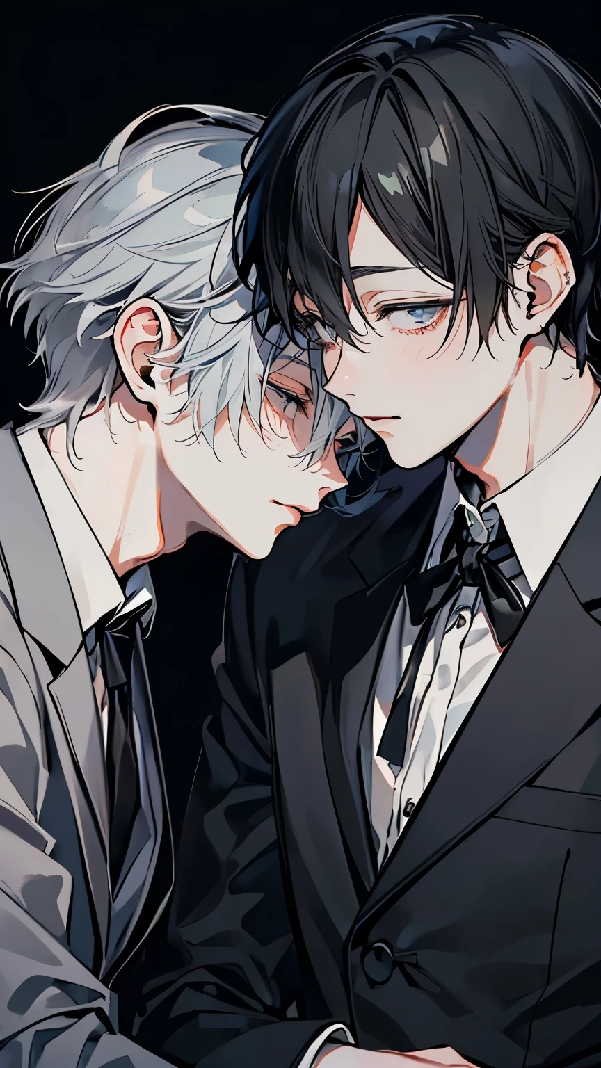 (Mastepiece), (Best Quality), Very detailed, ((Two men intimate:1.5)), Perfect Face, Beautiful Face, Very detailedな顔,(Black-haired man:1.3),(Grey-haired man:1.3)、suit、(smile:1.2)